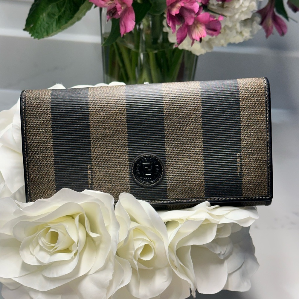 Fendi Pequin Long Black and Brown Striped Wallet EUC!  + Fendi Dust Bag + COA